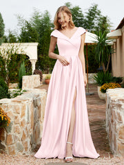 Cap Sleeve V-neck Satin Dress With Pocket Blushing Pink