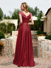 Cap Sleeve V-neck Satin Dress With Pocket Burgundy