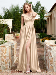 Cap Sleeve V-neck Satin Dress With Pocket Champagne
