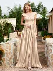 Cap Sleeve V-neck Satin Dress With Pocket Champagne