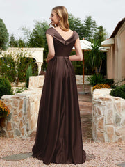 Cap Sleeve V-neck Satin Dress With Pocket Chocolate