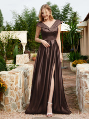 Cap Sleeve V-neck Satin Dress With Pocket Chocolate