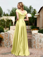Cap Sleeve V-neck Satin Dress With Pocket Daffodil