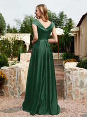 Cap Sleeve V-neck Satin Dress With Pocket Dark Green