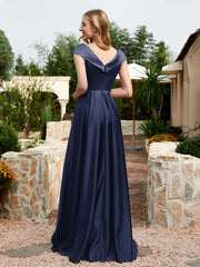 Cap Sleeve V-neck Satin Dress With Pocket Dark Navy