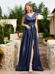 Cap Sleeve V-neck Satin Dress With Pocket Dark Navy