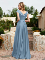Cap Sleeve V-neck Satin Dress With Pocket Dusty Blue