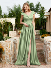 Cap Sleeve V-neck Satin Dress With Pocket Dusty Sage