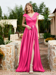 Cap Sleeve V-neck Satin Dress With Pocket Fuchsia