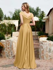 Cap Sleeve V-neck Satin Dress With Pocket Gold