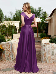 Cap Sleeve V-neck Satin Dress With Pocket Grape