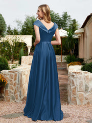 Cap Sleeve V-neck Satin Dress With Pocket Ink Blue