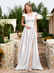Cap Sleeve V-neck Satin Dress With Pocket Ivory