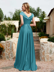 Cap Sleeve V-neck Satin Dress With Pocket Jade