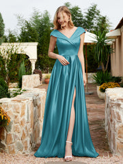 Cap Sleeve V-neck Satin Dress With Pocket Jade