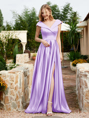 Cap Sleeve V-neck Satin Dress With Pocket Lilac