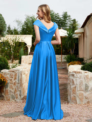 Cap Sleeve V-neck Satin Dress With Pocket Ocean Blue