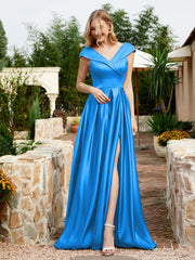 Cap Sleeve V-neck Satin Dress With Pocket Ocean Blue