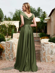 Cap Sleeve V-neck Satin Dress With Pocket Olive Green