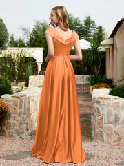 Cap Sleeve V-neck Satin Dress With Pocket Orange