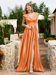 Cap Sleeve V-neck Satin Dress With Pocket Orange