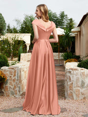 Cap Sleeve V-neck Satin Dress With Pocket Papaya