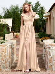 Cap Sleeve V-neck Satin Dress With Pocket Peach