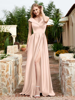Cap Sleeve V-neck Satin Dress With Pocket Pearl Pink