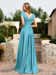 Cap Sleeve V-neck Satin Dress With Pocket Pool