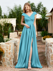 Cap Sleeve V-neck Satin Dress With Pocket Pool