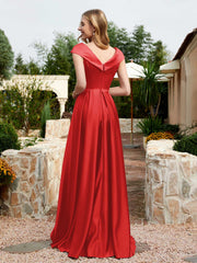 Cap Sleeve V-neck Satin Dress With Pocket Red