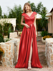 Cap Sleeve V-neck Satin Dress With Pocket Red