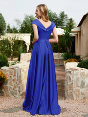 Cap Sleeve V-neck Satin Dress With Pocket Royal Blue