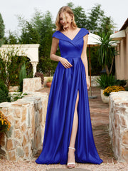 Cap Sleeve V-neck Satin Dress With Pocket Royal Blue