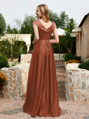 Cap Sleeve V-neck Satin Dress With Pocket Rust