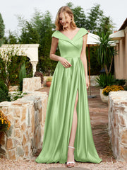 Cap Sleeve V-neck Satin Dress With Pocket Sage