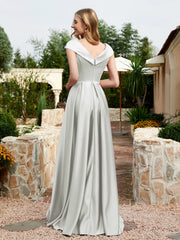 Cap Sleeve V-neck Satin Dress With Pocket Silver