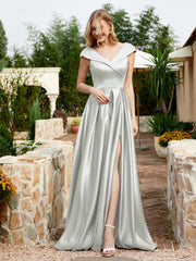 Cap Sleeve V-neck Satin Dress With Pocket Silver