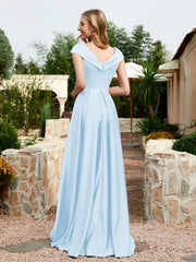 Cap Sleeve V-neck Satin Dress With Pocket Sky Blue