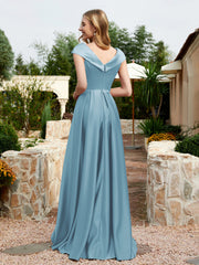 Cap Sleeve V-neck Satin Dress With Pocket Slate Blue