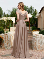 Cap Sleeve V-neck Satin Dress With Pocket Taupe