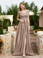 Cap Sleeve V-neck Satin Dress With Pocket Taupe