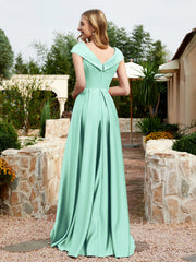 Cap Sleeve V-neck Satin Dress With Pocket Turquoise