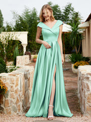 Cap Sleeve V-neck Satin Dress With Pocket Turquoise