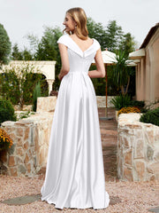 Cap Sleeve V-neck Satin Dress With Pocket White
