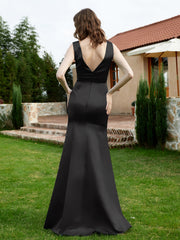 Plunging V-Neck Satin Dress With Slit Black