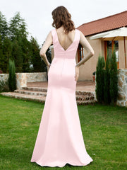 Plunging V-Neck Satin Dress With Slit Blushing Pink