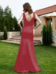 Plunging V-Neck Satin Dress With Slit Burgundy