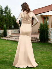 Plunging V-Neck Satin Dress With Slit Champagne