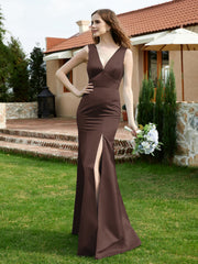 Plunging V-Neck Satin Dress With Slit Chocolate